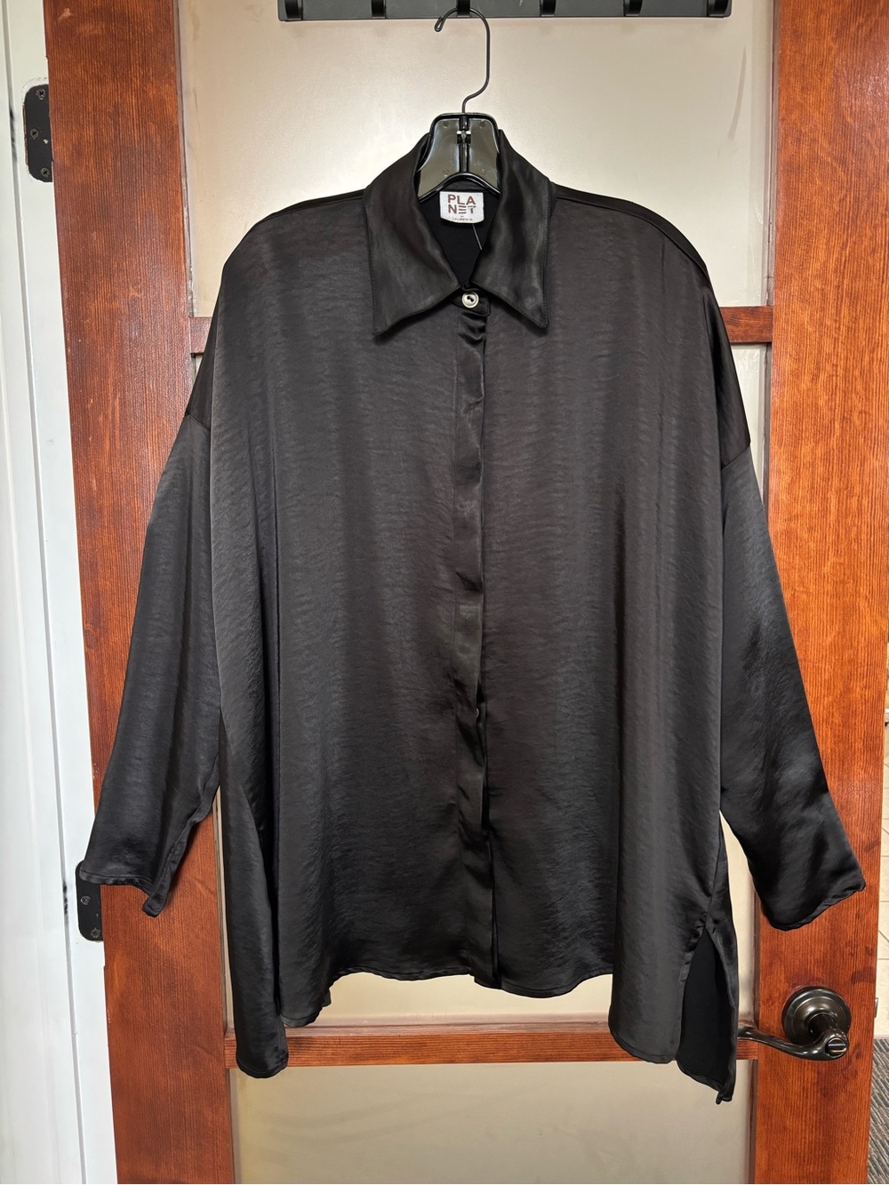 PLANET by Lauren G Black Satin Button-Down Shirt